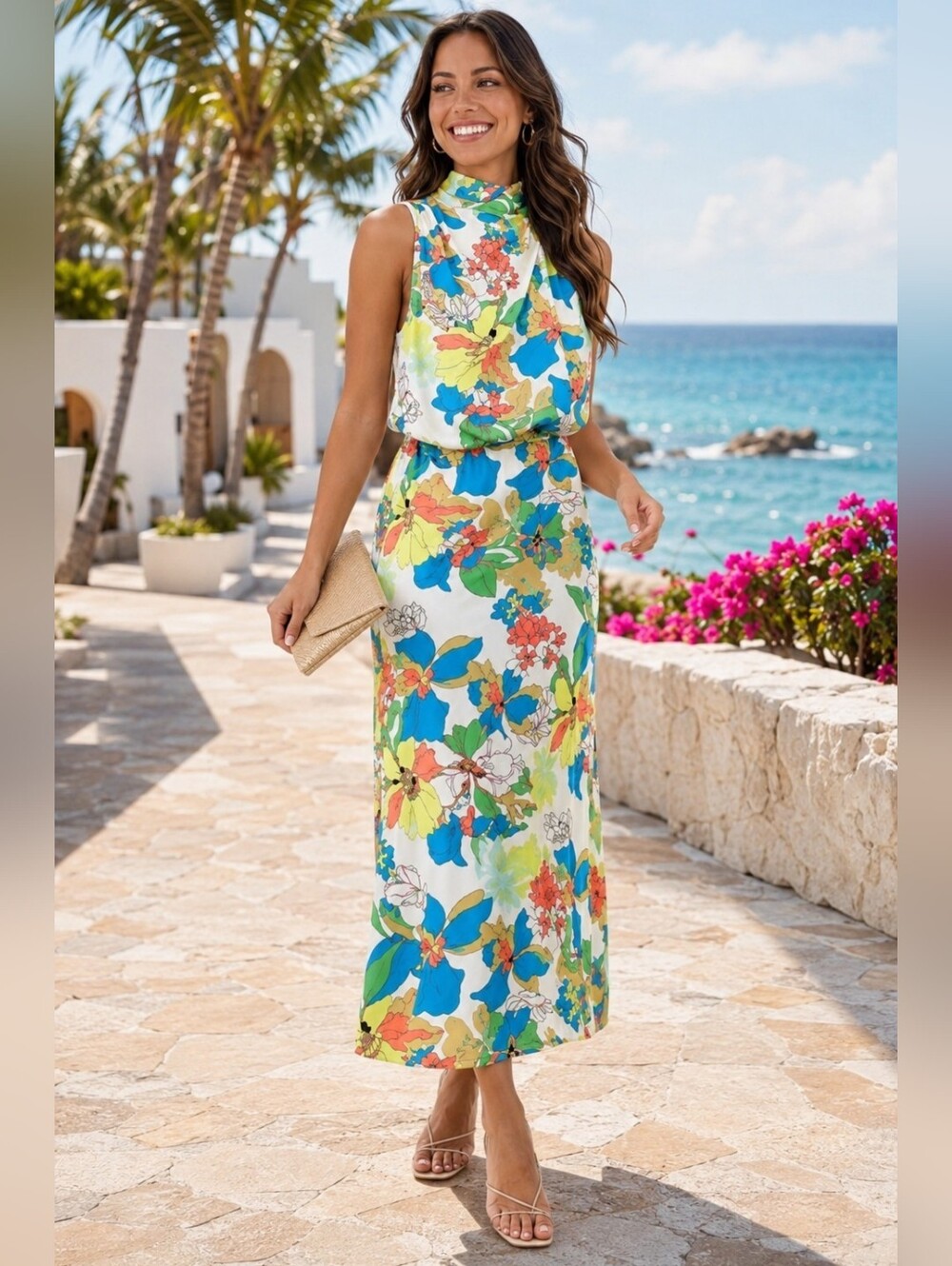 Prettygarden Floral Halter Maxi Dress Medium Tropical Resort Vacation Spring